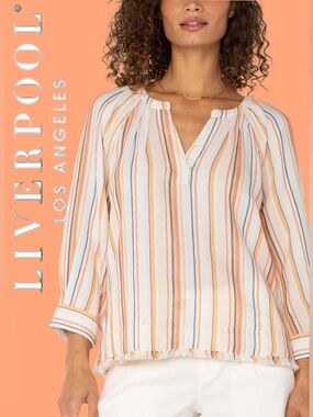 NWT $89 Liverpool Los Angeles 3/4 Sleeve Raglan Top Fray Hem Orange Multi Stripe